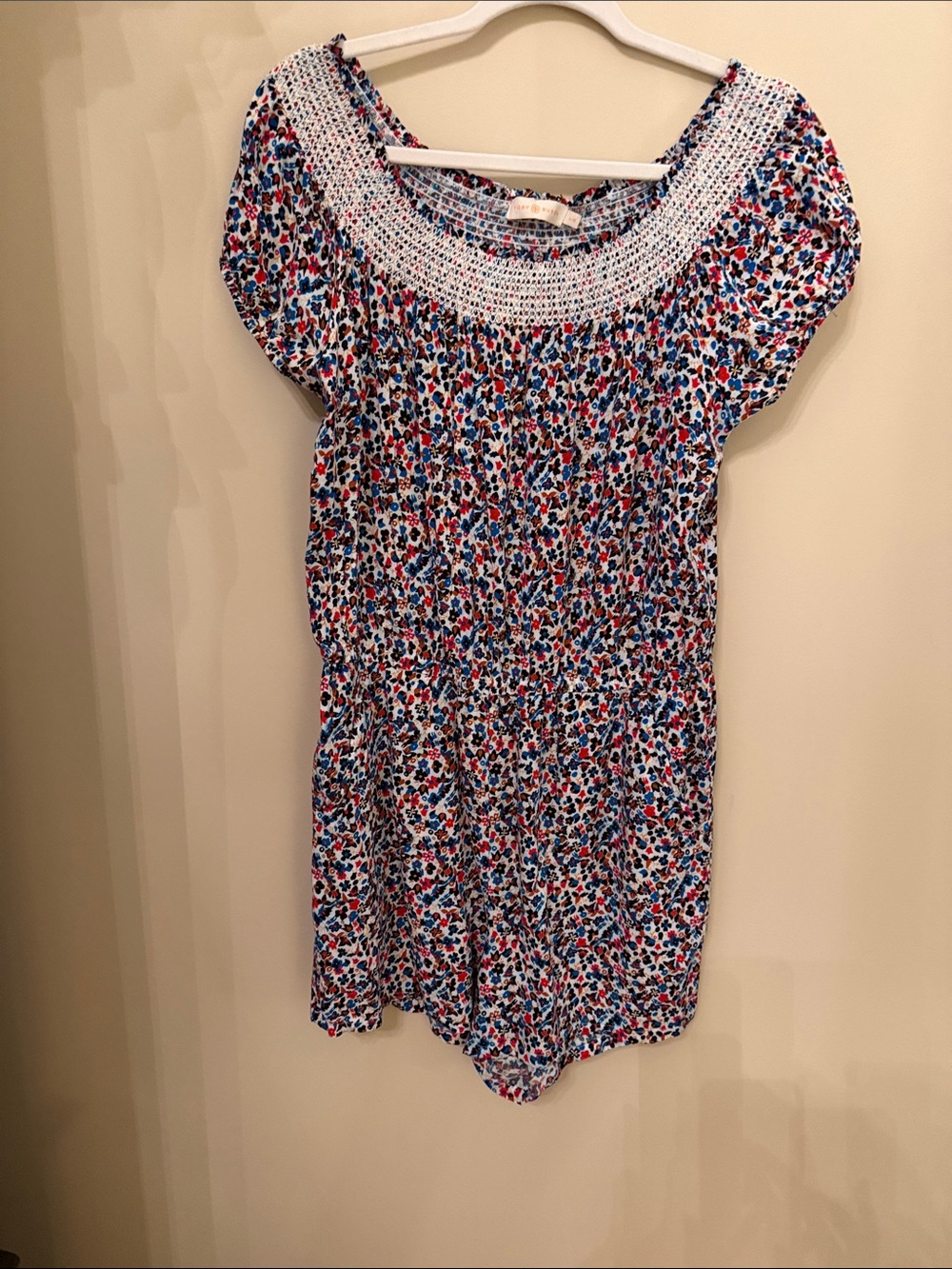 Tory Burch White Smocked-Neck Floral skort with Blue & Red Accents